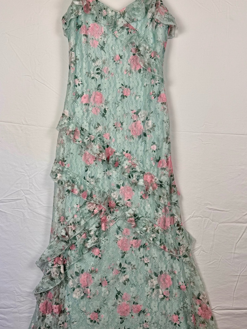 Cottagecore Romantic Asymmetrical Ruffle Mint Seafoam Green Garden Maxi Dress M